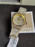 Michael Kors Raquel Three Hand Crystals Gold Dial Gold Steel Strap Watch For Women - MK7398