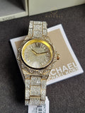 Michael Kors Raquel Three Hand Crystals Gold Dial Gold Steel Strap Watch For Women - MK7398