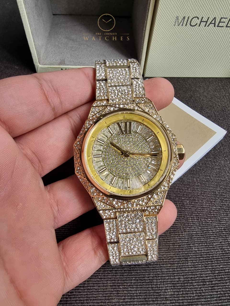 Michael Kors Raquel Three Hand Crystals Gold Dial Gold Steel Strap Watch For Women - MK7398