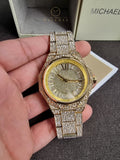 Michael Kors Raquel Three Hand Crystals Gold Dial Gold Steel Strap Watch For Women - MK7398
