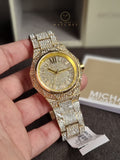 Michael Kors Raquel Three Hand Crystals Gold Dial Gold Steel Strap Watch For Women - MK7398