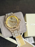 Michael Kors Raquel Three Hand Crystals Gold Dial Gold Steel Strap Watch For Women - MK7398