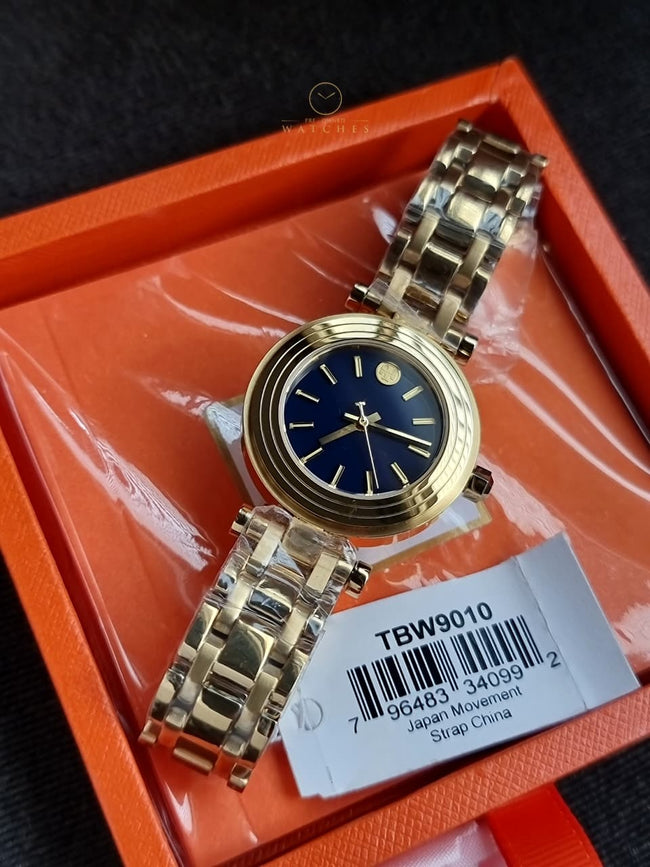 Tory Burch Classic T Gold Stainless Steel Navy Blue Dial Quartz Watch for Ladies - TBW9010 Hover Image