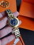 Tory Burch Classic T Gold Stainless Steel Navy Blue Dial Quartz Watch for Ladies - TBW9010