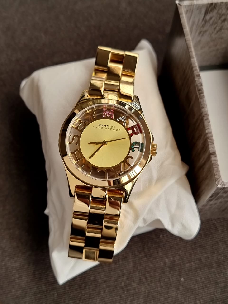 Marc Jacobs Henry Skeleton Gold Dial Gold Steel Strap Watch For Women - MBM3263