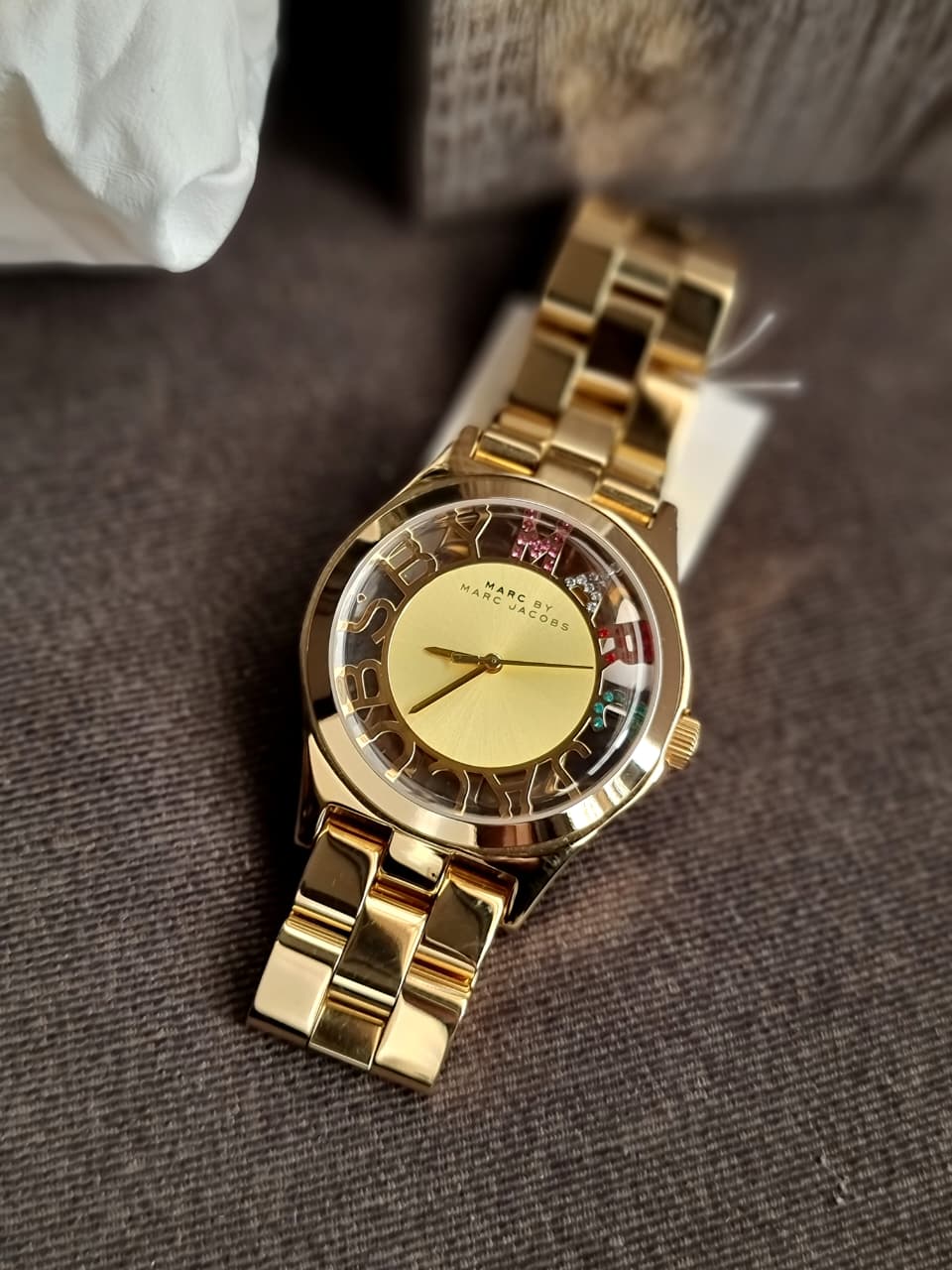 Marc Jacobs Henry Skeleton Gold Dial Gold Steel Strap Watch For Women - MBM3263