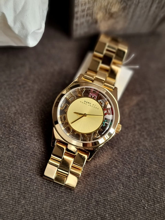 Marc Jacobs Henry Skeleton Gold Dial Gold Steel Strap Watch For Women - MBM3263 Hover Image
