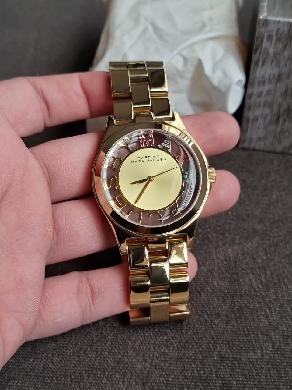 Marc Jacobs Henry Skeleton Gold Dial Gold Steel Strap Watch For Women - MBM3263