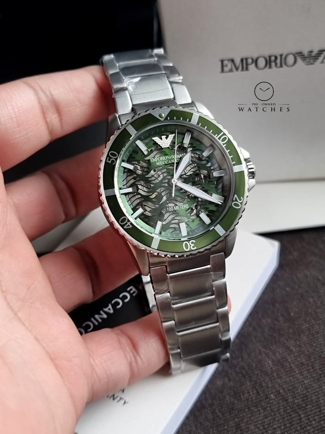 Emporio Armani Men’s Automatic Silver Stainless Steel Green Dial 42mm Watch AR60061 Hover Image