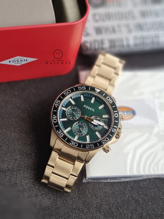 Fossil Bannon Multifunction Gold Stainless Steel Green Dial Chronograph Quartz Watch for Gents - BQ2493 (WITHOUT TAG) Hover Image