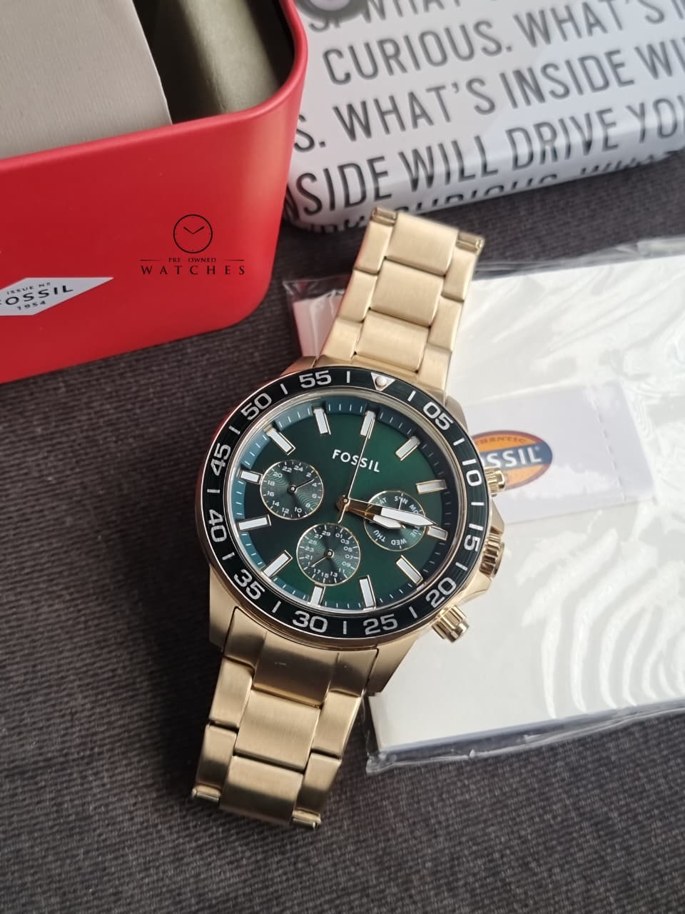 Fossil Bannon Multifunction Gold Stainless Steel Green Dial Chronograph Quartz Watch for Gents - BQ2493 (WITHOUT TAG)