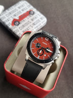 Fossil Men’s Chronograph Quartz Black Leather Strap Red Dial 45mm Watch BQ2897 (Without Tag)