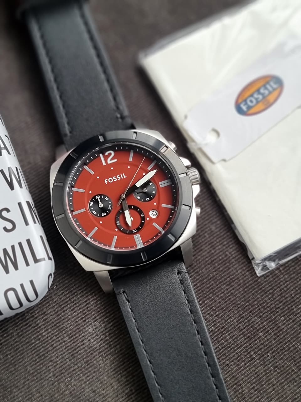 Fossil Men’s Chronograph Quartz Black Leather Strap Red Dial 45mm Watch BQ2897 (Without Tag)
