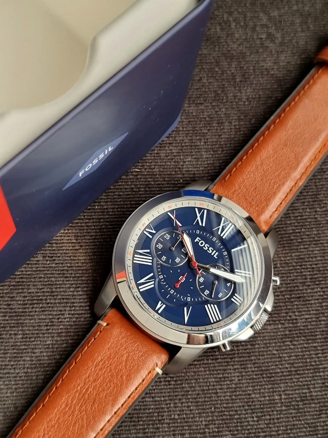 Fossil Grant Brown Leather Strap Blue Dial Chronograph Quartz Watch for Gents - FS5210 (Without Tag ) Main Image