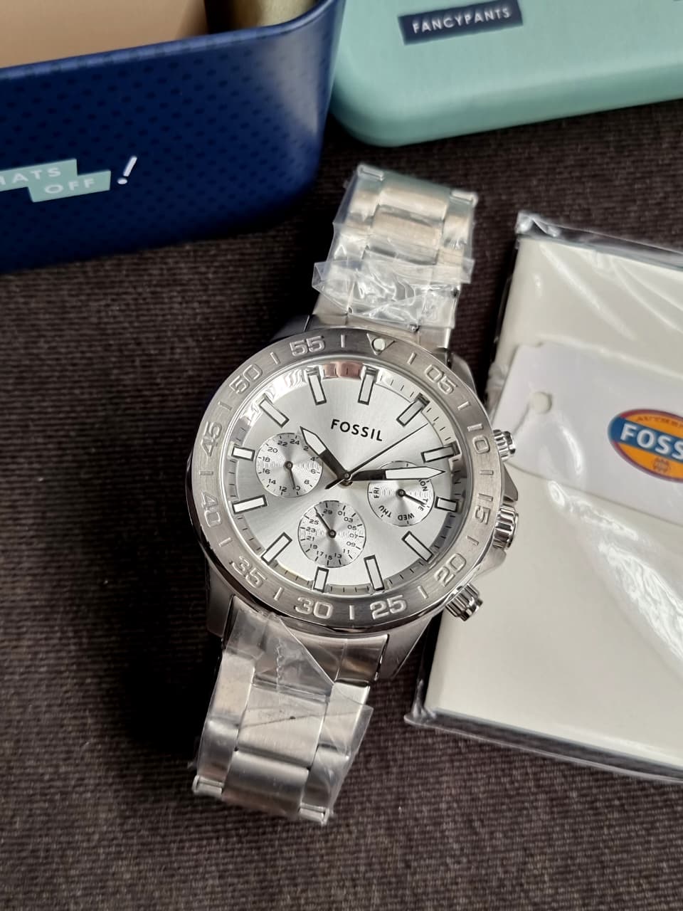 Fossil Men’s Chronograph Quartz Stainless Steel Silver Dial 45mm Watch BQ2490 (Without Tag )