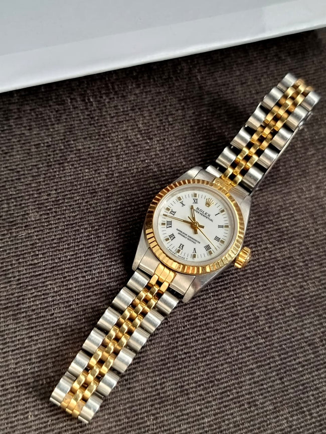 Rolex Oyster perpetual ref. 67193 White Roman dial Jubilee bracelet Hover Image