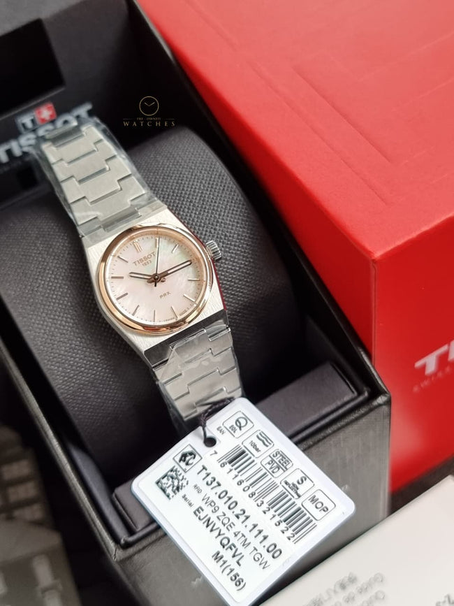 TISSOT  PRX Quartz 25mm Mother of Pearl Dial Two Tone Steel Women's Watch T137.010.21.111.00 Hover Image