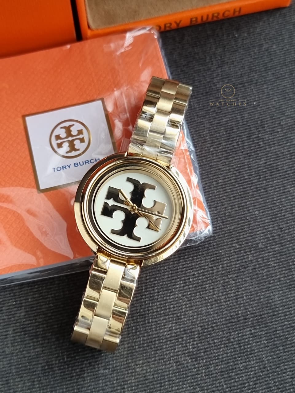 Tory Burch TBW6208 Miller White Logo Dial Gold Stainless Steel Band Women's Watch