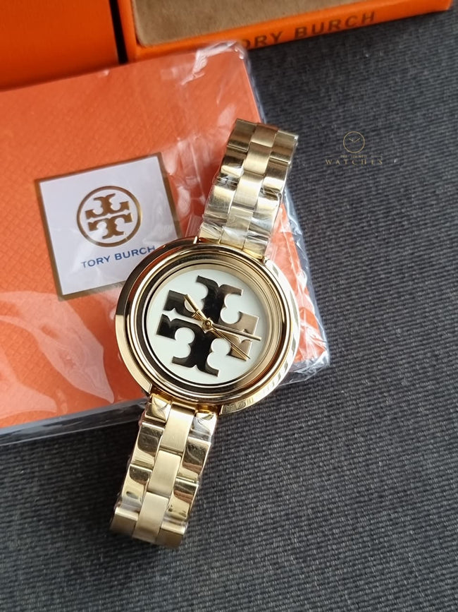 Tory Burch TBW6208 Miller White Logo Dial Gold Stainless Steel Band Women's Watch Hover Image