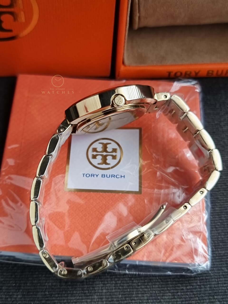 Tory Burch TBW6208 Miller White Logo Dial Gold Stainless Steel Band Women's Watch