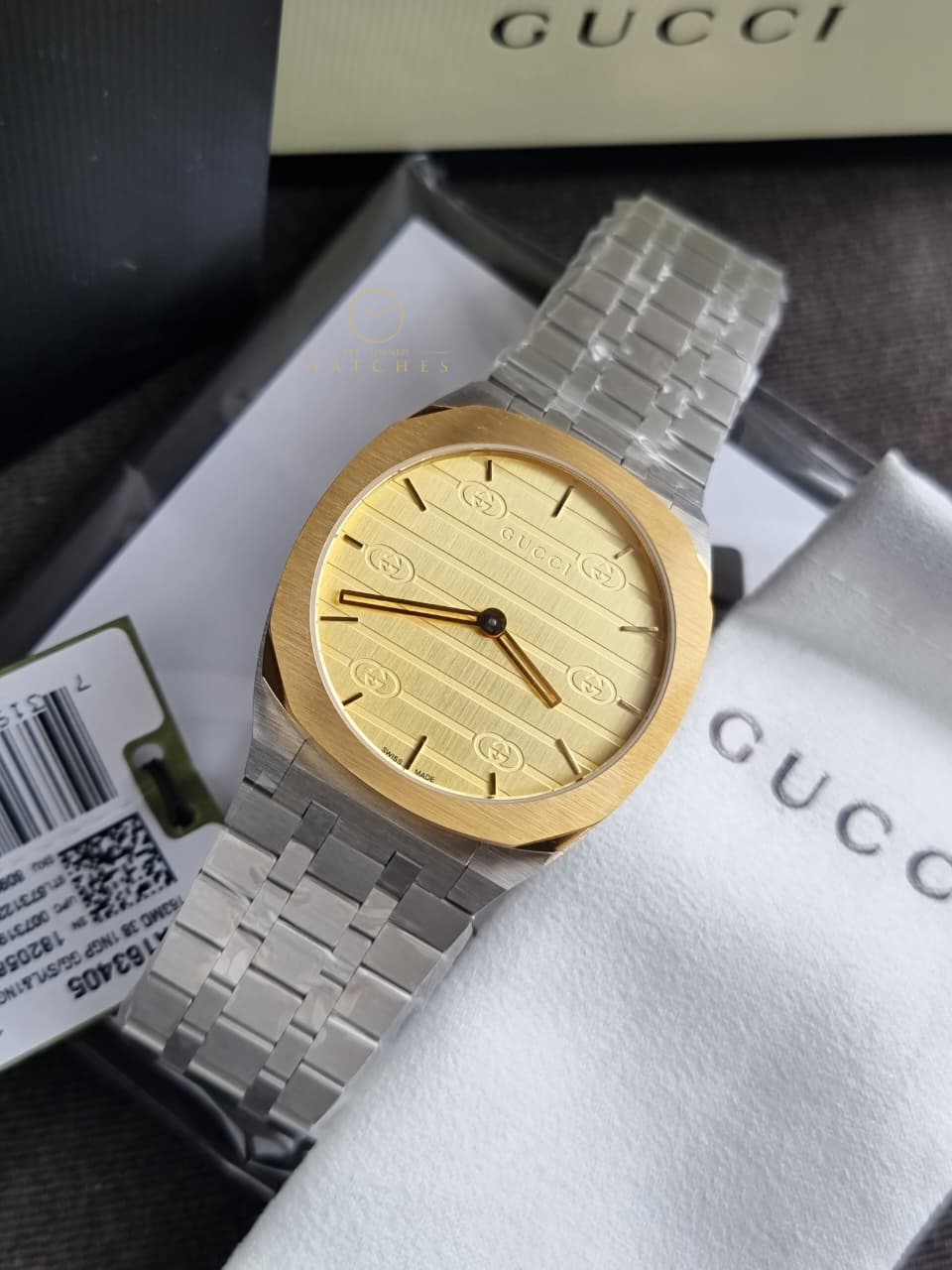 Gucci Men’s Swiss Made Quartz Silver Stainless Steel Champagne Dial 38mm Watch YA163405