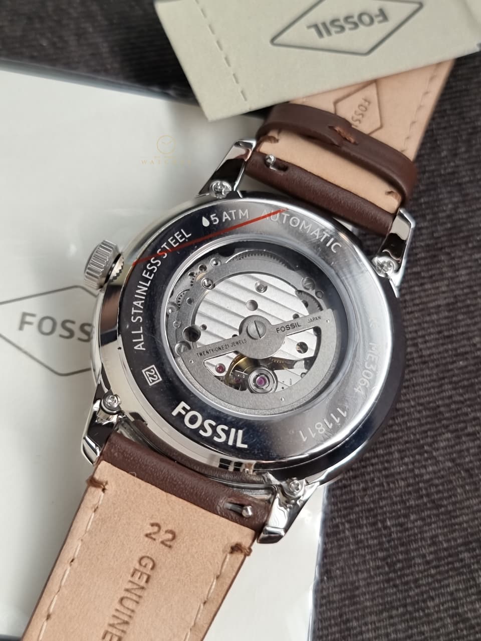 Fossil Men’s Automatic Leather Strap Cream Dial 44mm Watch ME3064
