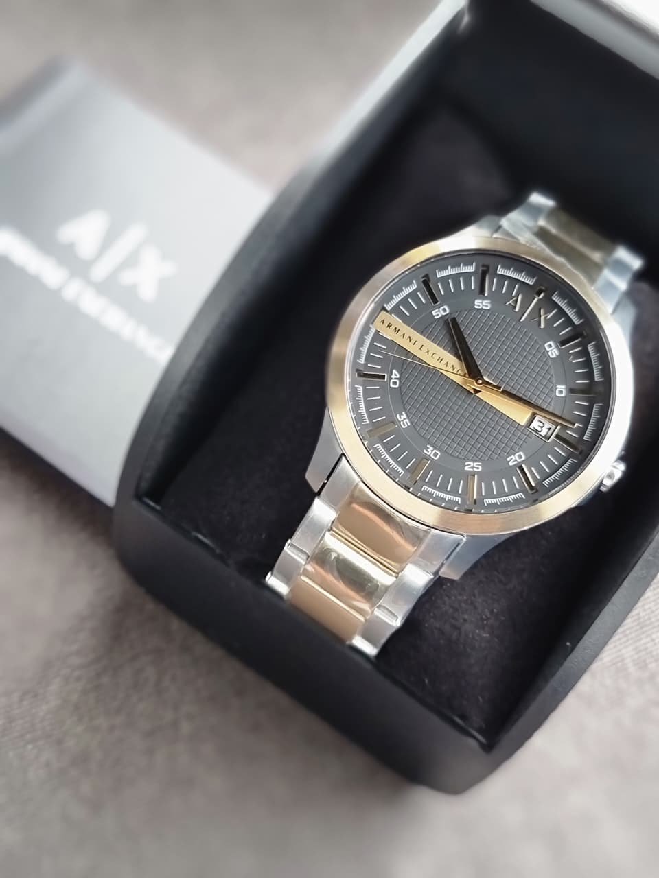A｜X Armani Exchange Men's Three-Hand Date Silver and Gold Two-Tone Stainless Steel Bracelet Watch AX2453