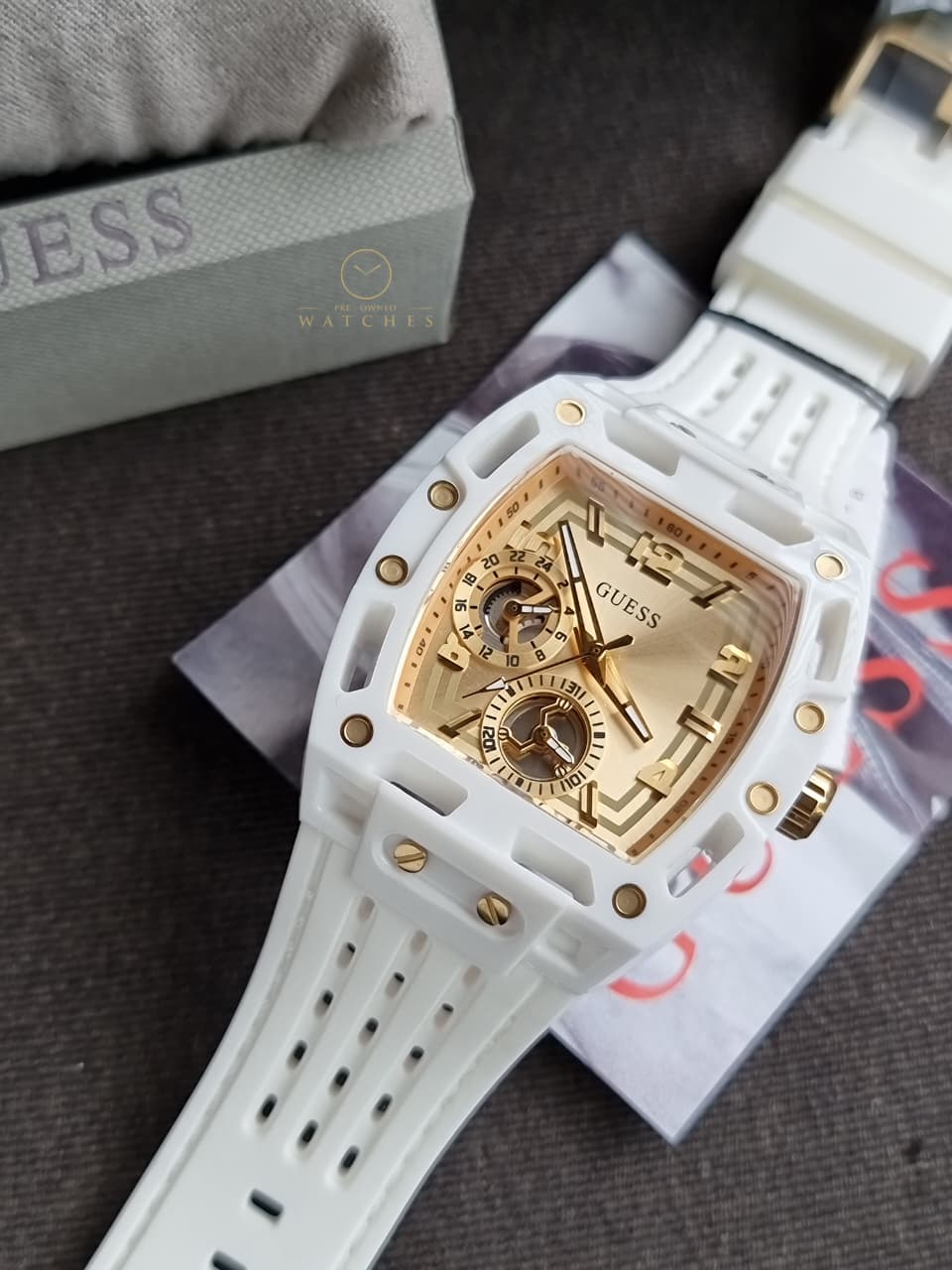 Guess Phoenix White Silicone Strap Gold Dial Quartz Watch for Gents - GW0499G5