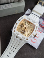 Guess Phoenix White Silicone Strap Gold Dial Quartz Watch for Gents - GW0499G5