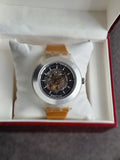 Swatch 41mm Black Dial Light Brown Leather Strap Automatic Watch