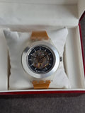 Swatch 41mm Black Dial Light Brown Leather Strap Automatic Watch