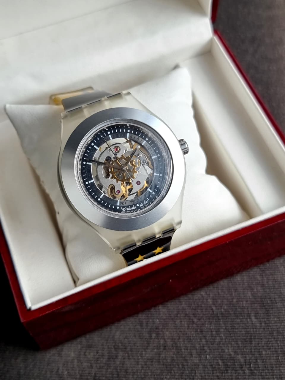 Swatch 41mm Black Dial Yellow And Black Plastic Strap Automatic Watch