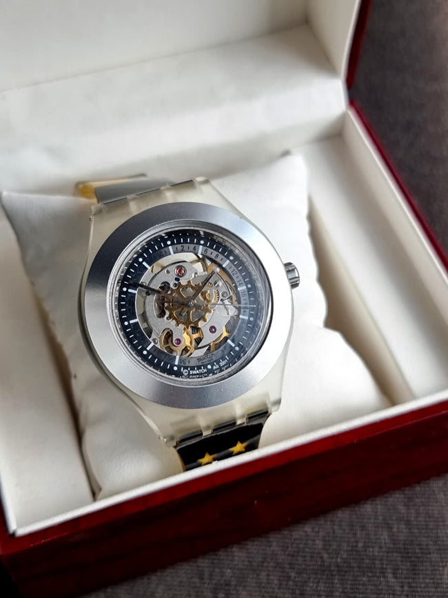 Swatch 41mm Black Dial Yellow And Black Plastic Strap Automatic Watch Hover Image