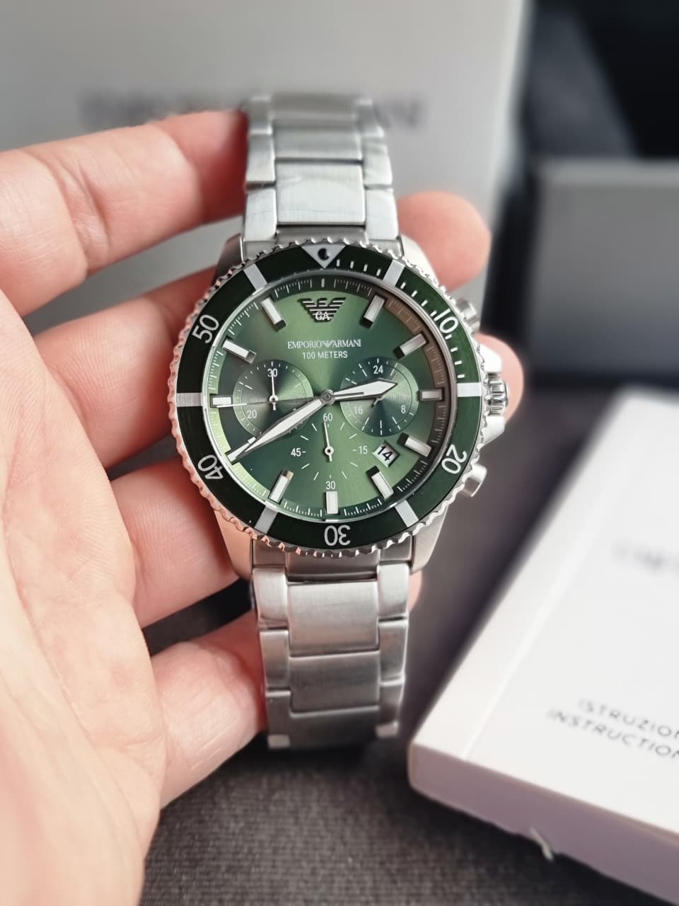 Emporio Armani Men’s Quartz Silver Stainless Steel Green Dial 43mm Watch AR11500