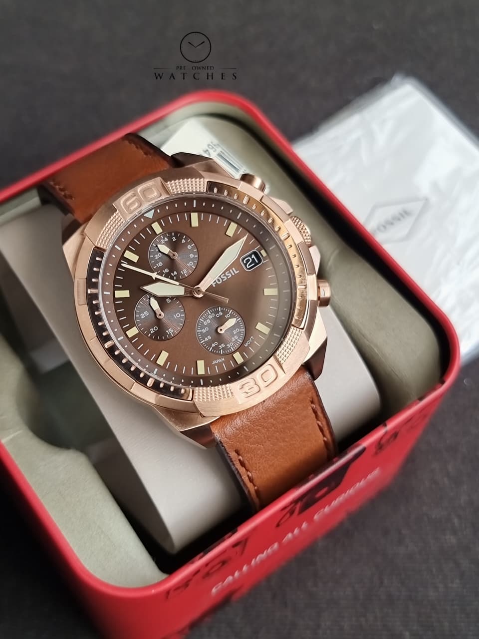 FOSSIL FS5857 MEN'S BRONSON CHRONOGRAPH MEDIUM BROWN ECO LEATHER WATCH
