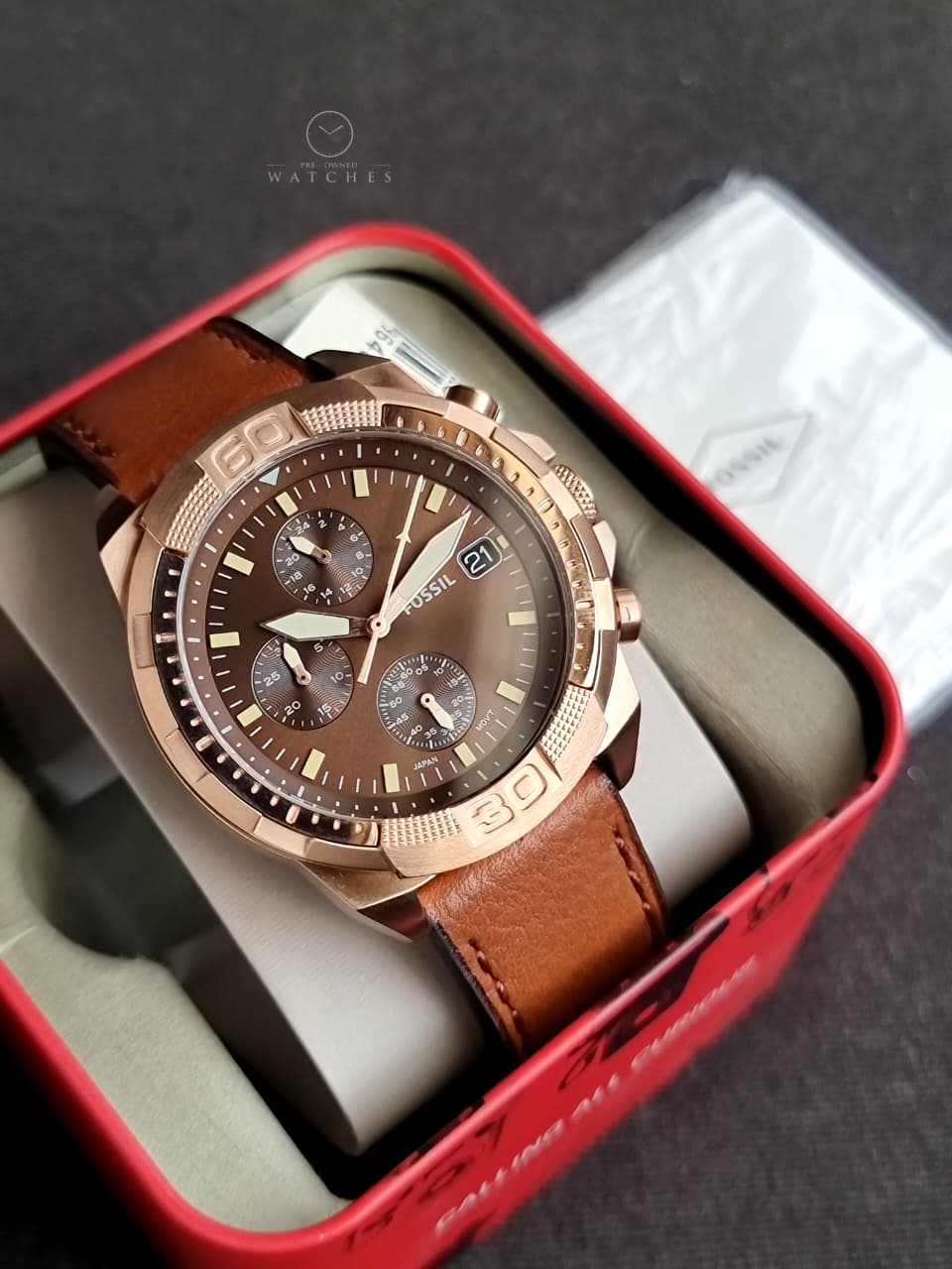 FOSSIL FS5857 MEN'S BRONSON CHRONOGRAPH MEDIUM BROWN ECO LEATHER WATCH