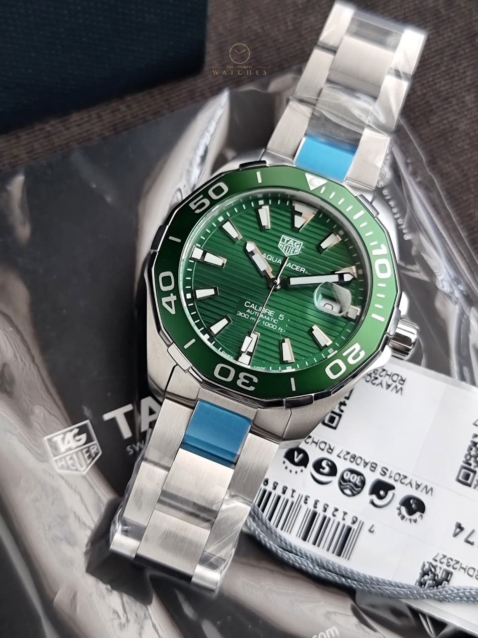 Tag Heuer Aquaracer Calibre 5 Silver Stainless Steel Green Dial Automatic Watch for Gents- WAY201S.BA0927