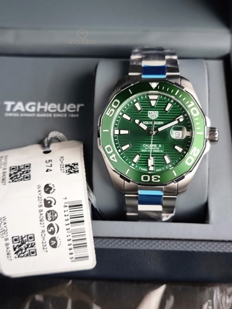 Tag Heuer Aquaracer Calibre 5 Silver Stainless Steel Green Dial Automatic Watch for Gents- WAY201S.BA0927