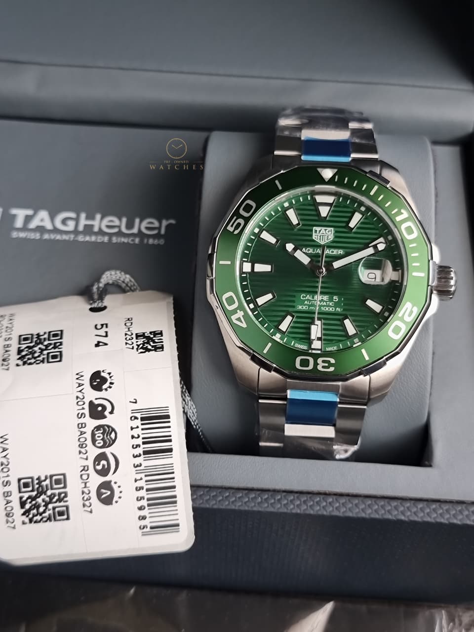 Tag Heuer Aquaracer Calibre 5 Silver Stainless Steel Green Dial Automatic Watch for Gents- WAY201S.BA0927