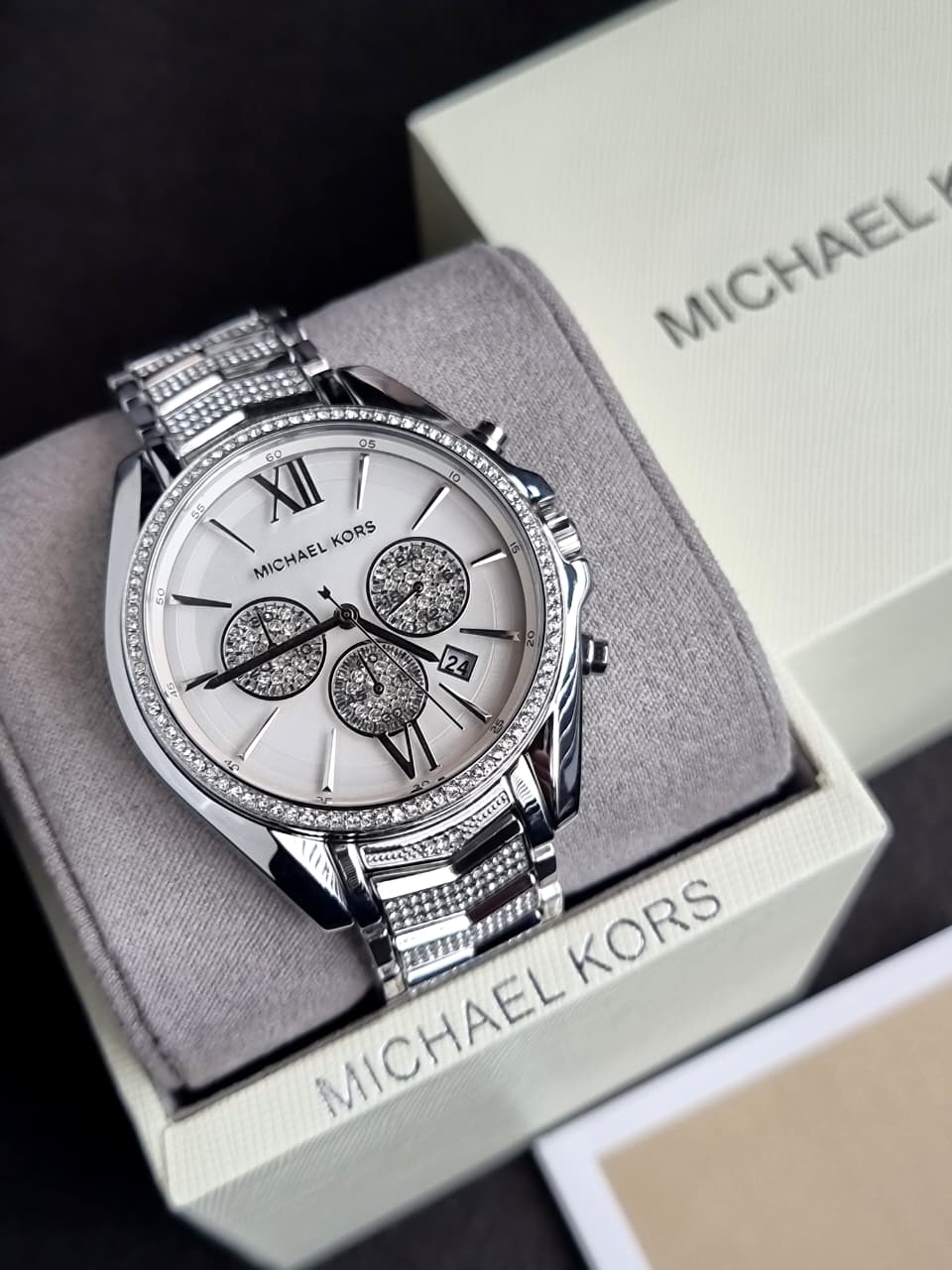 Michael Kors Women’s Chronograph Quartz Stainless Steel Silver Dial 44mm Watch MK6728