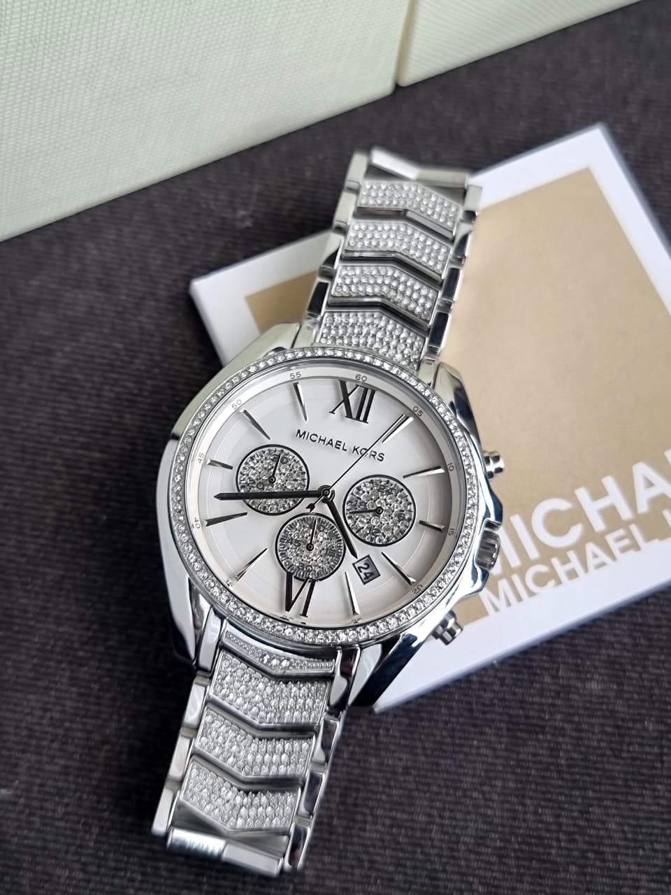 Michael Kors Women’s Chronograph Quartz Stainless Steel Silver Dial 44mm Watch MK6728