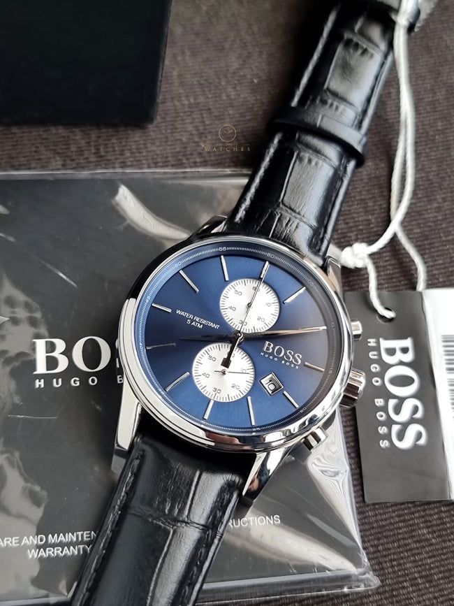 Hugo Boss Men’s Chronograph Leather Strap Blue Dial 41mm Watch 1513283 Main Image
