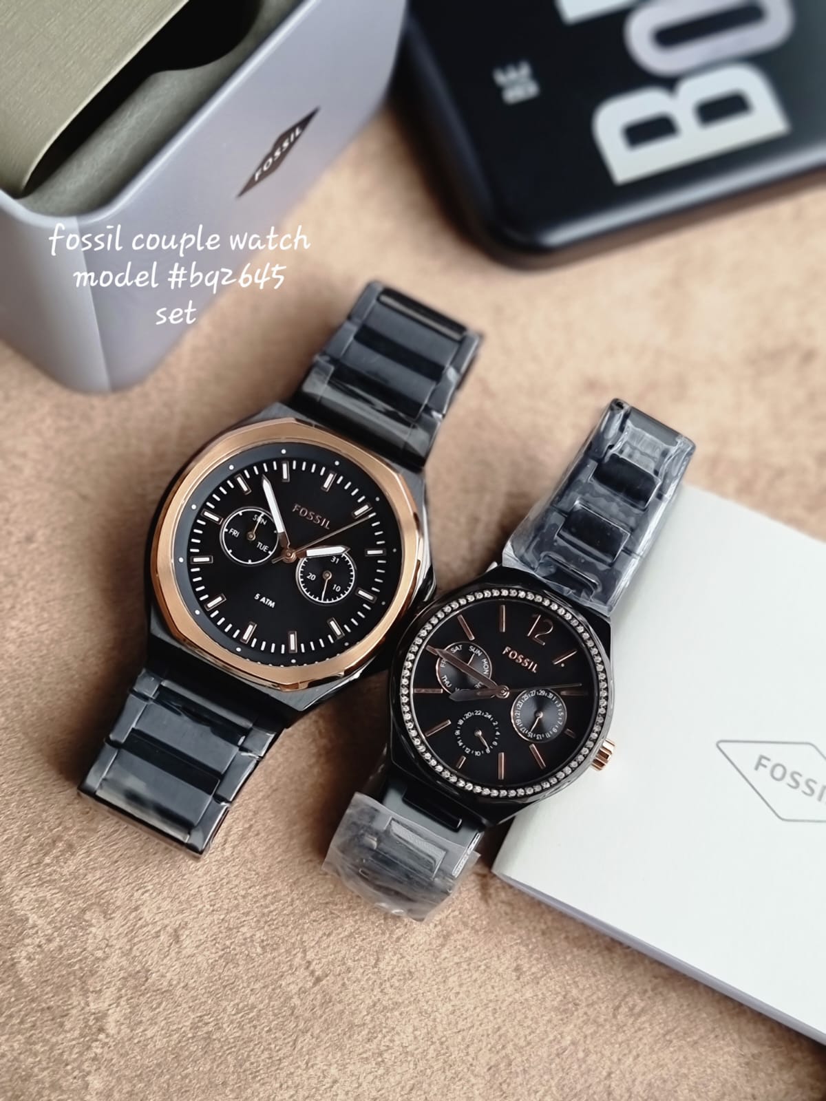 Fossil Evanston His & Her Black Stainless Steel Multifunction Couple Watch Set – BQ2645SET
