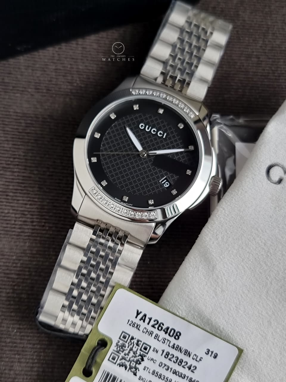 Gucci Women’s Swiss Made Quartz Silver Stainless Steel Black Dial 38mm Watch YA126408