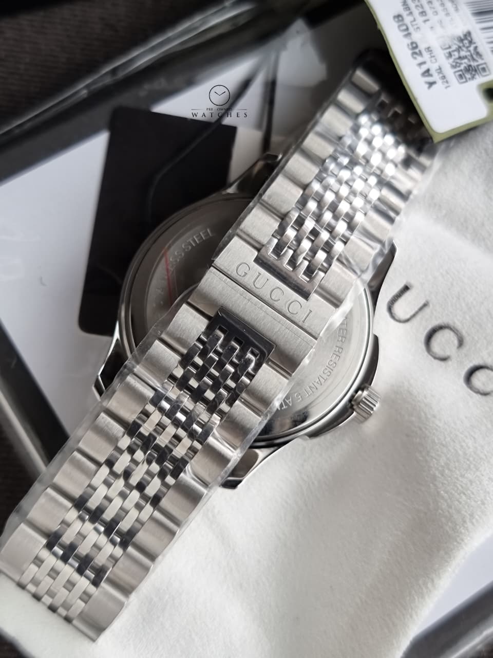 Gucci Women’s Swiss Made Quartz Silver Stainless Steel Black Dial 38mm Watch YA126408