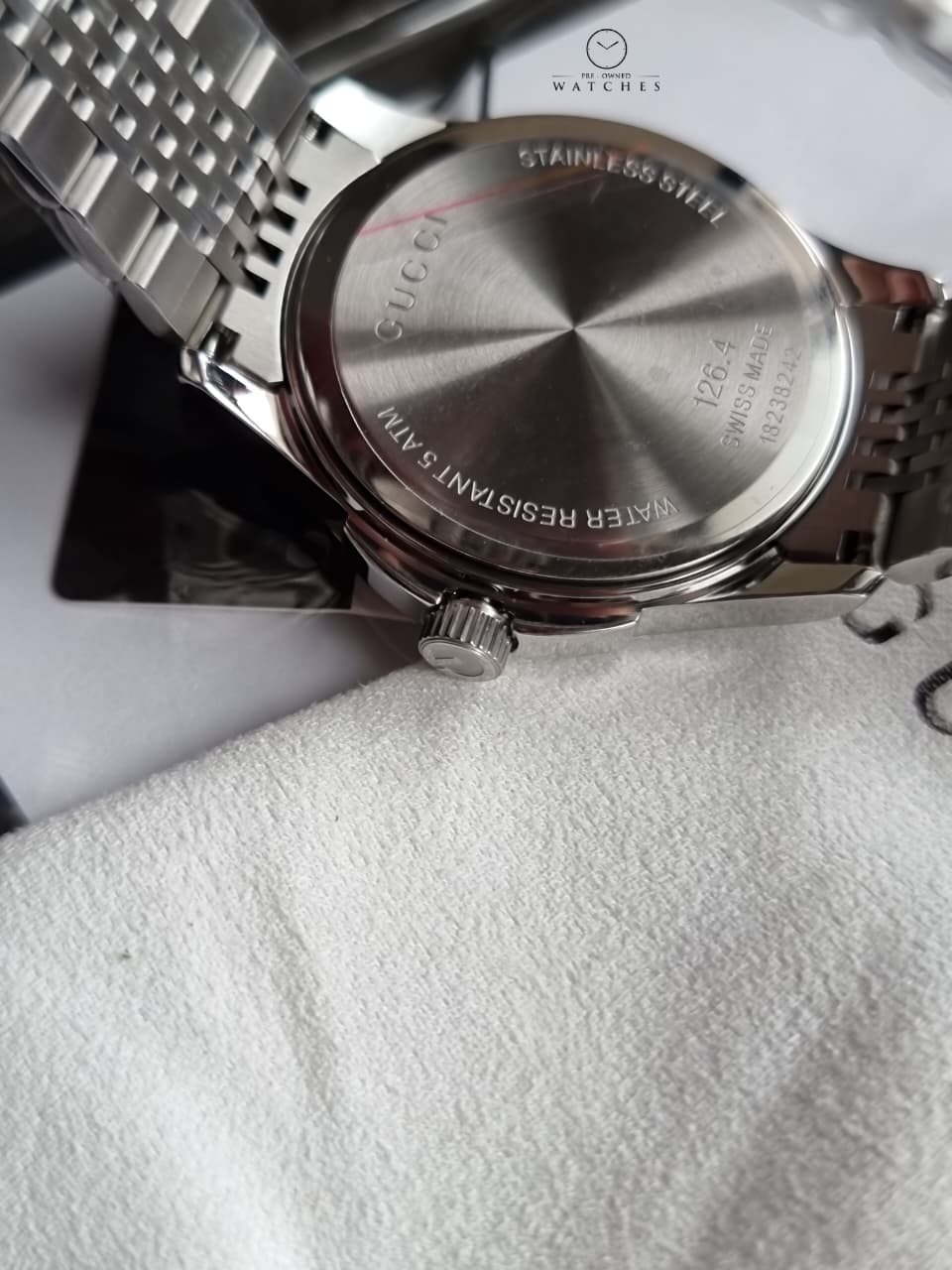 Gucci Women’s Swiss Made Quartz Silver Stainless Steel Black Dial 38mm Watch YA126408