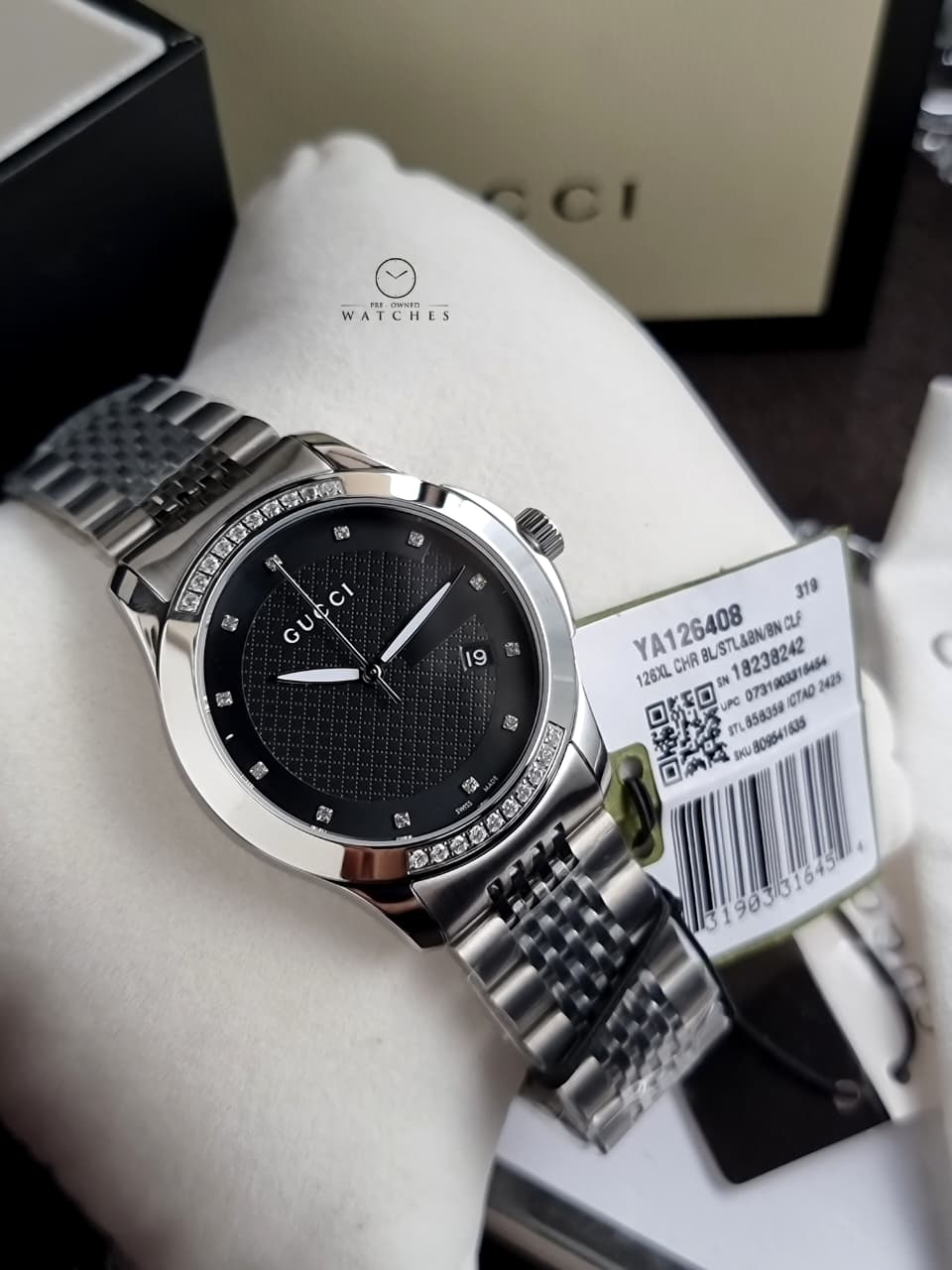 Gucci Women’s Swiss Made Quartz Silver Stainless Steel Black Dial 38mm Watch YA126408