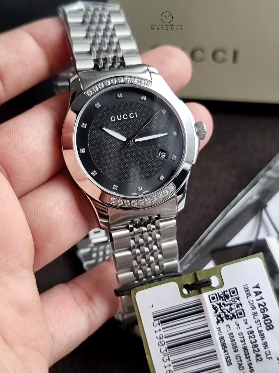Gucci Women’s Swiss Made Quartz Silver Stainless Steel Black Dial 38mm Watch YA126408