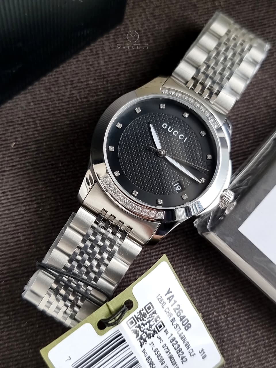 Gucci Women’s Swiss Made Quartz Silver Stainless Steel Black Dial 38mm Watch YA126408