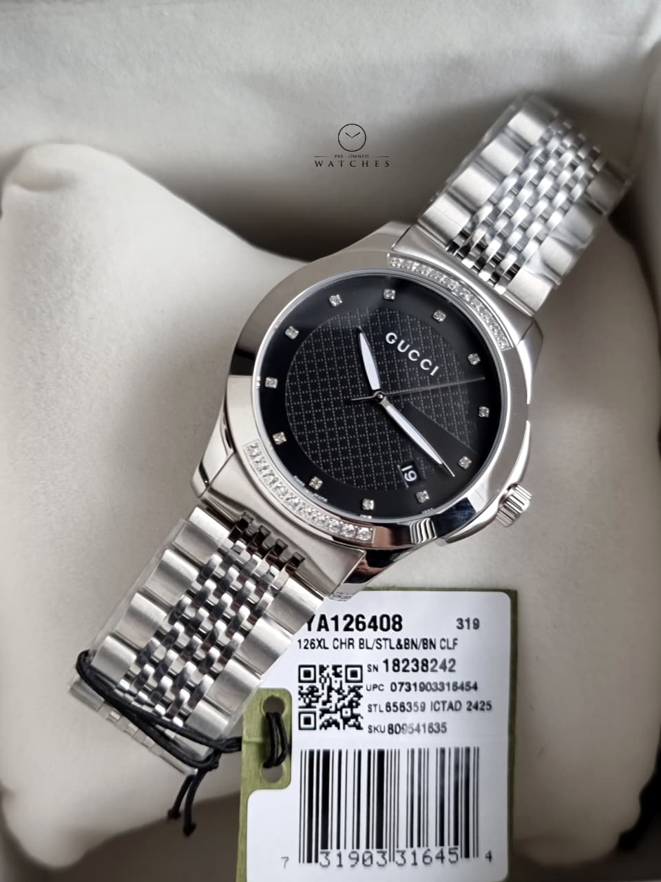 Gucci Women’s Swiss Made Quartz Silver Stainless Steel Black Dial 38mm Watch YA126408